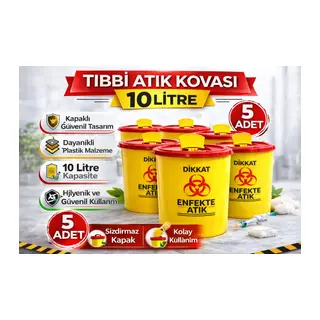 Tıbbi Atık Kovası 10 Litre 5 Adet Kapaklı Tıbbi Atık Kutusu Enfekte Atık Kovası Seti