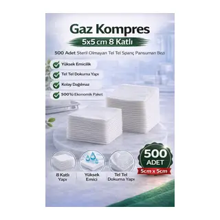 Gaz Kompres 5x5 cm 8 Katlı 500 Adet Steril Olmayan Tel Tel Spanç Pansuman Bezi