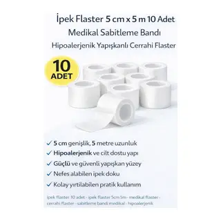 İpek Flaster 5 cm x 5 m 10 Adet Medikal Sabitleme Bandı Hipoalerjenik Yapışkanlı Cerrahi Flaster