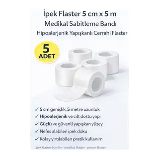 İpek Flaster 5 cm x 5 m 5 Adet Medikal Sabitleme Bandı Hipoalerjenik Yapışkanlı Cerrahi Flaster