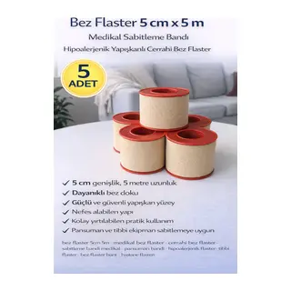 Bez Flaster 5 cm x 5 m Medikal Sabitleme Bandı Hipoalerjenik Yapışkanlı Cerrahi Bez Flaster 5 ADET