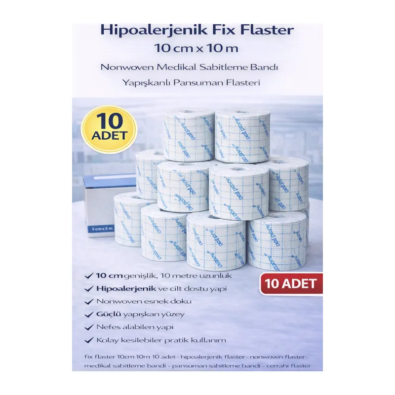 Hipoalerjenik Fix Flaster 10 cm x 10 m 10 Adet Nonwoven Medikal Sabitleme Bandı Yapışkanlı Pansuman Flasteri