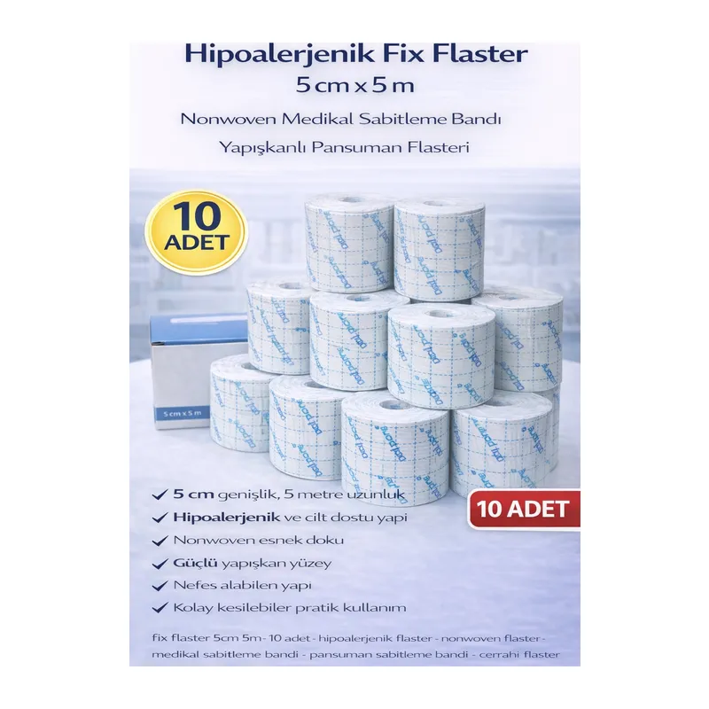 Hipoalerjenik Fix Flaster 5 cm x 5 m 10 Adet Nonwoven Medikal Sabitleme Bandı Yapışkanlı Pansuman Flasteri