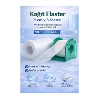 Kağıt Flaster 5 cm x 5 m Medikal Sabitleme Bandı Hassas Ciltler İçin 1 ADET
