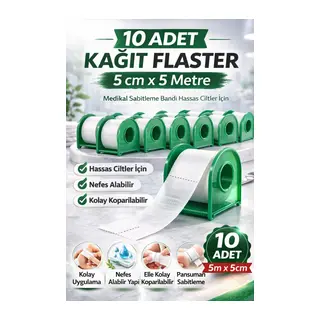 Kağıt Flaster 5 cm x 5 m 10 Adet Medikal Sabitleme Bandı Hassas Ciltler İçin