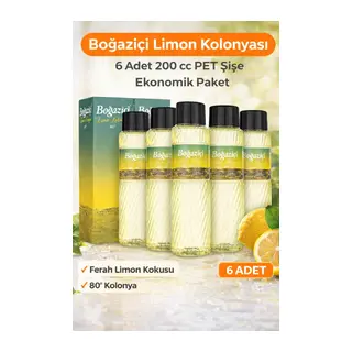 Boğaziçi Limon Kolonyası 200 cc PET Şişe 6 Adet 80° Ferahlatıcı Limon Kokulu Kolonya Ekonomik Paket