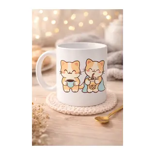 Sevimli Kedi Tasarımlı Porselen Kupa MODEL 194 – İkili Cute Cat Baskılı Kahve Kupası – Kedi Severlere Hediyelik Porselen Kupa Bardak 330 ml