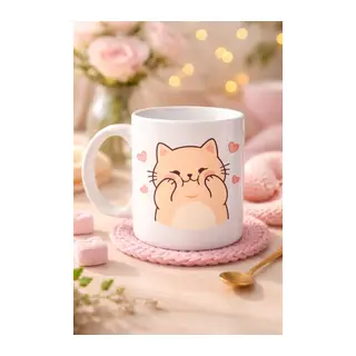 Sevimli Kedi Tasarımlı Porselen Kupa MODEL 193 – Kalpli Cute Cat Baskılı Kahve Kupası – Sevgiliye Hediye Sevimli Kupa
