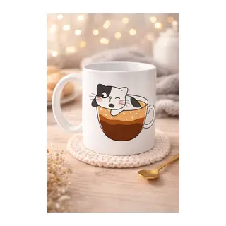 Sevimli Kedi Tasarımlı Porselen Kupa MODEL 195 – Kahve İçinde Kedi Baskılı Porselen Kahve Kupası – Kedi Severler İçin Hediyelik Porselen Kupa Bardak 330 ml