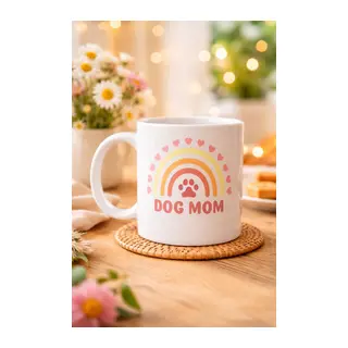 Dog Mom Baskılı Porselen Kupa MODEL 186 – Köpek Annesi Temalı Sevimli Kahve Kupası – Köpek Severlere Hediye – Sevimli Pati ve Gökkuşağı Tasarımlı Kupa