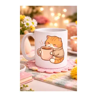 Sevimli Kedi Tasarımlı Porselen Kupa MODEL 188 – Kahve İçen Tatlı Kedi Figürlü Kahve Kupası – Kedi Severlere Hediye Kupa Bardak