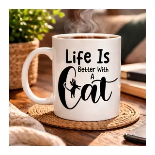 Kedi Severlere Özel “Life Is Better With A Cat” Kupa MODEL 181 – Sevimli Kedi Tasarımlı Porselen Kahve Kupası – Hediyelik Kupa