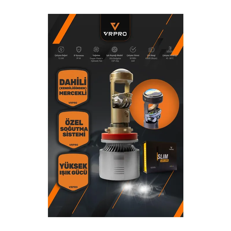 Slim Mercekli H7 LED Far Ampulü 40W 12V Fanlı VR Pro H7 Led Xenon Beyaz Işık