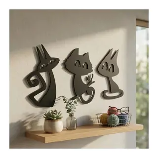 3’lü Dekoratif Kedi Duvar Tablosu MDF Lazer Kesim Modern Duvar Süsü Minimal Kedi Figürlü Dekor