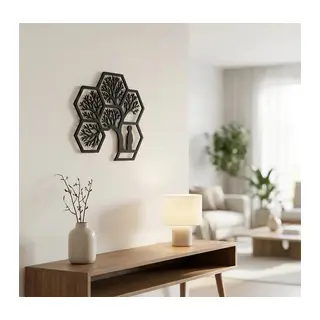 Hayat Ağacı Duvar Tablosu MDF Lazer Kesim Altıgen Geometrik Modern Duvar Süsü