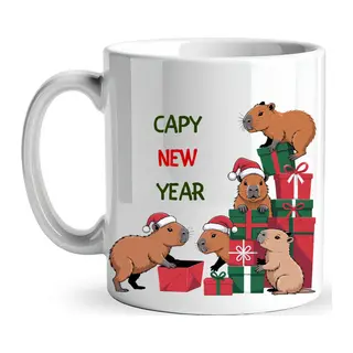 Capy New Year Yazılı Kapibara Yılbaşı Temalı Kupa Model 218 Baskılı Seramik Kahve Kupası