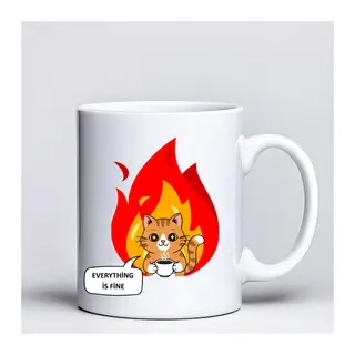 Everything Is Fine Yazılı Kedi Tasarımlı Kupa Model 234 Mizahi Baskılı Seramik Kahve Kupası