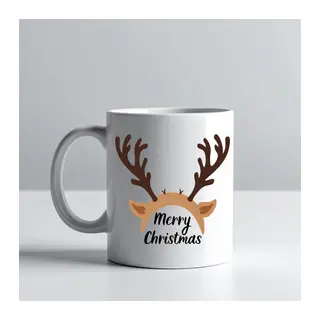 Merry Christmas Geyik Boynuzu Tasarımlı Kupa Model 235 Yılbaşı Temalı Seramik Kahve Kupası