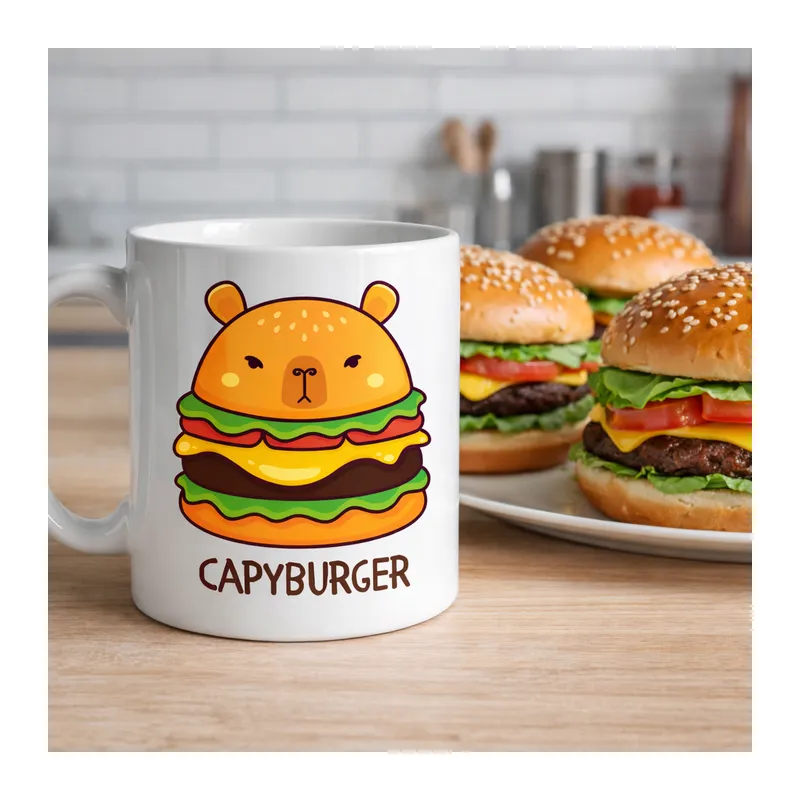 Capyburger Tasarım Kupa Model 230 Sevimli Kapibara Burger Baskılı Seramik Kahve Kupası