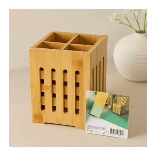 Ahşap Bambu 4 Bölmeli Kaşıklık Organizer (11x11 cm, Pencereli)