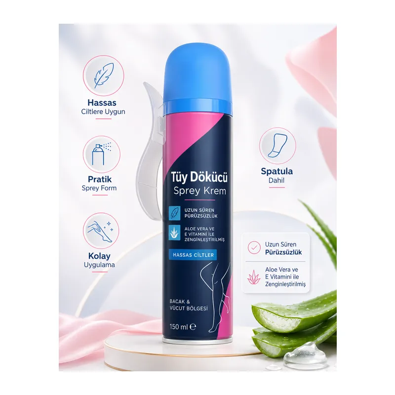 Tüy Dökücü Sprey Krem 150 ml Hassas Ciltler İçin Bacak ve Vücut Bölgesi Pratik Kullanım