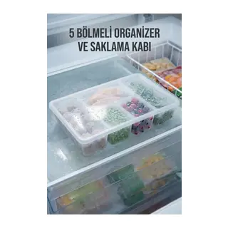 5 Bölmeli Şeffaf Buzdolabı İçi Düzenleyici & Kapaklı Dondurucu Saklama Kabı (24x38 cm)