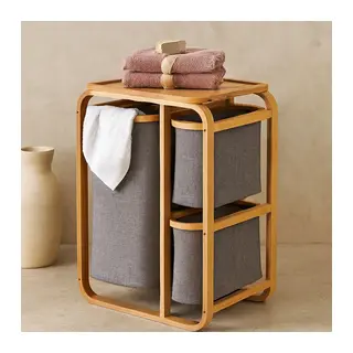 Ahşap Bambu 3 Bölmeli Çamaşır Sepeti 50x30x70 cm