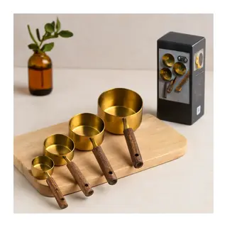 4'lü ölçü kaşık seti (250/125/80/60 ml) - gold metal ahşap saplı