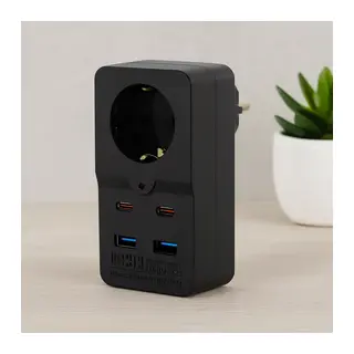 Termal Akım Korumalı Duvar Prizi - 1 Priz, 2xUSB, 2xType-C (10A/2500W) Siyah