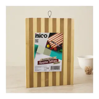 Bambu Kesme Tahtası 20x30x1.3 cm - Beyaz Çizgili Metal Kulplu