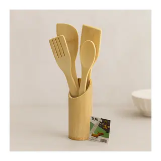Ahşap Bambu Mutfak Servis Seti 5 Parça (Kaşık, Çatal, 2 Spatula, Stand) 27.5/30 cm