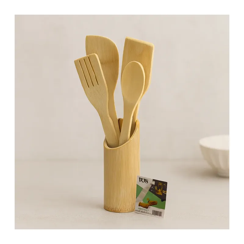 Ahşap Bambu Mutfak Servis Seti 5 Parça (Kaşık, Çatal, 2 Spatula, Stand) 27.5/30 cm