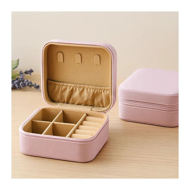Mini Fermuarlı Takı Kutusu 10x10x5 cm - Suni Deri, 4 Bölmeli