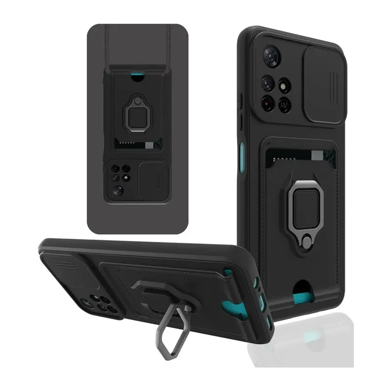 Xiaomi Redmi Note 11T Uyumlu Kılıf Zuma Kartvizitli Yüzüklü Silikon - Siyah