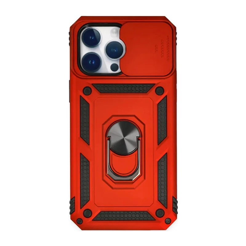 Apple iPhone 14 Pro Uyumlu Kılıf Pars Lens Yüzüklü Silikon - Kırmızı