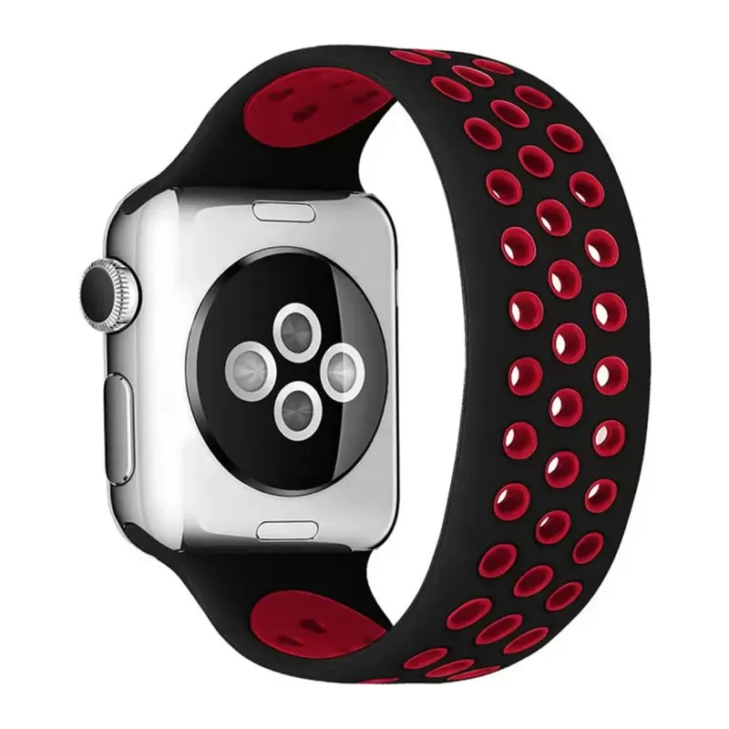 Apple Watch 42mm Uyumlu Ayarlı Delikli Silikon Kordon - Siyah-Kırmızı