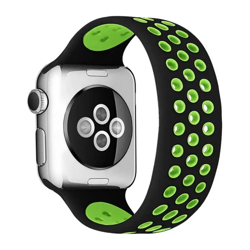 Apple Watch 38mm Uyumlu Ayarlı Delikli Silikon Kordon - Siyah-Yeşil