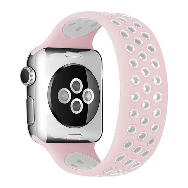Apple Watch 38mm Uyumlu Ayarlı Delikli Silikon Kordon - Pembe-Beyaz