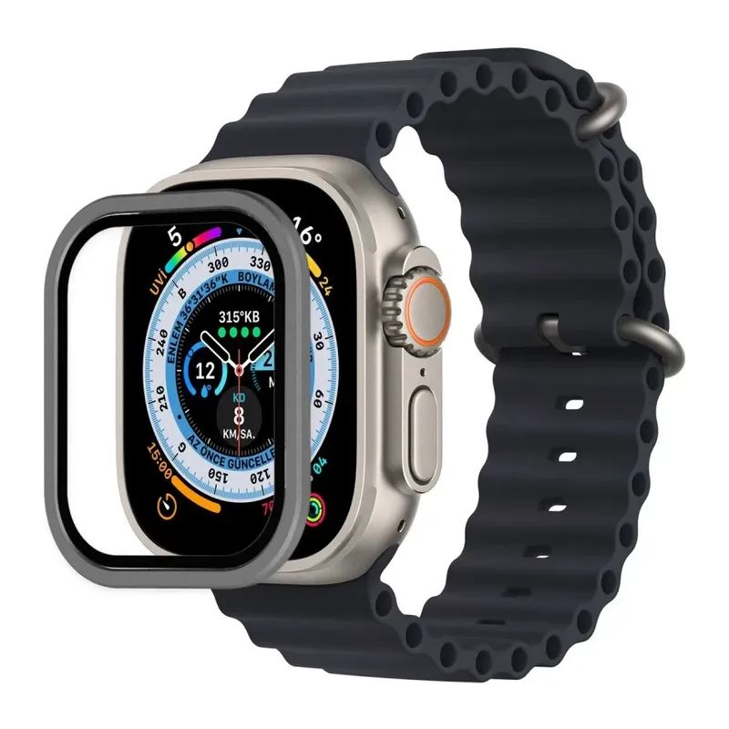 Apple Watch Ultra 49mm Uyumlu Alüminyum Kasa Cam Ekran Koruyucu - Gri