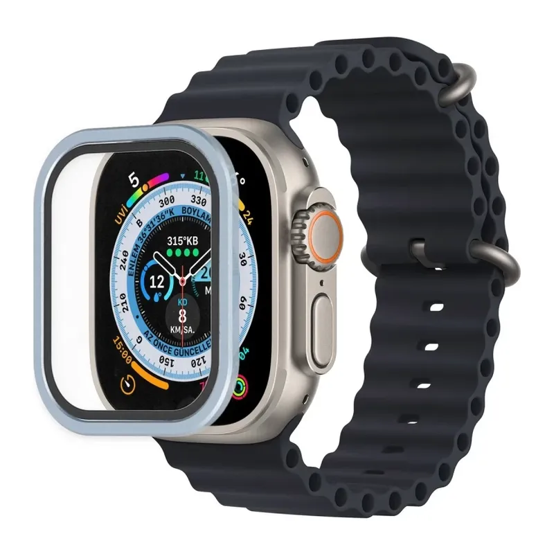 Apple Watch Ultra 49mm Uyumlu Alüminyum Kasa Cam Ekran Koruyucu - Mavi