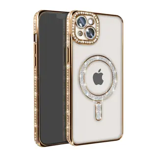 Apple iPhone 14 Uyumlu Kılıf Joke Simli Magneticsafe Kılıf - Gold