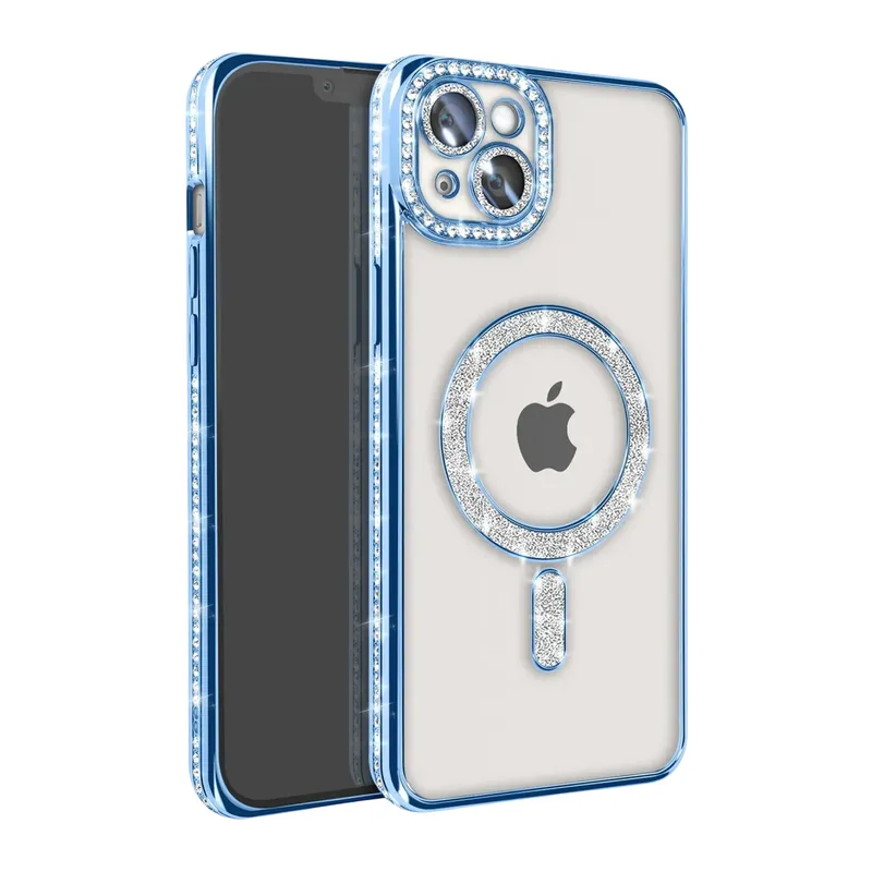 Apple iPhone 14 Kılıf Joke Simli Magneticsafe Kılıf - Mavi