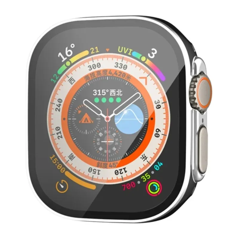 Apple Watch Ultra Uyumlu 49mm Legend Camlı Kasa Ekran Koruyucu - Siyah-Gümüş