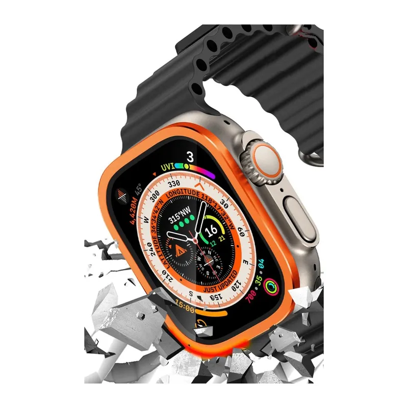 Apple Watch Ultra 49mm Uyumlu Alüminyum Kasa Cam Ekran Koruyucu - Turuncu