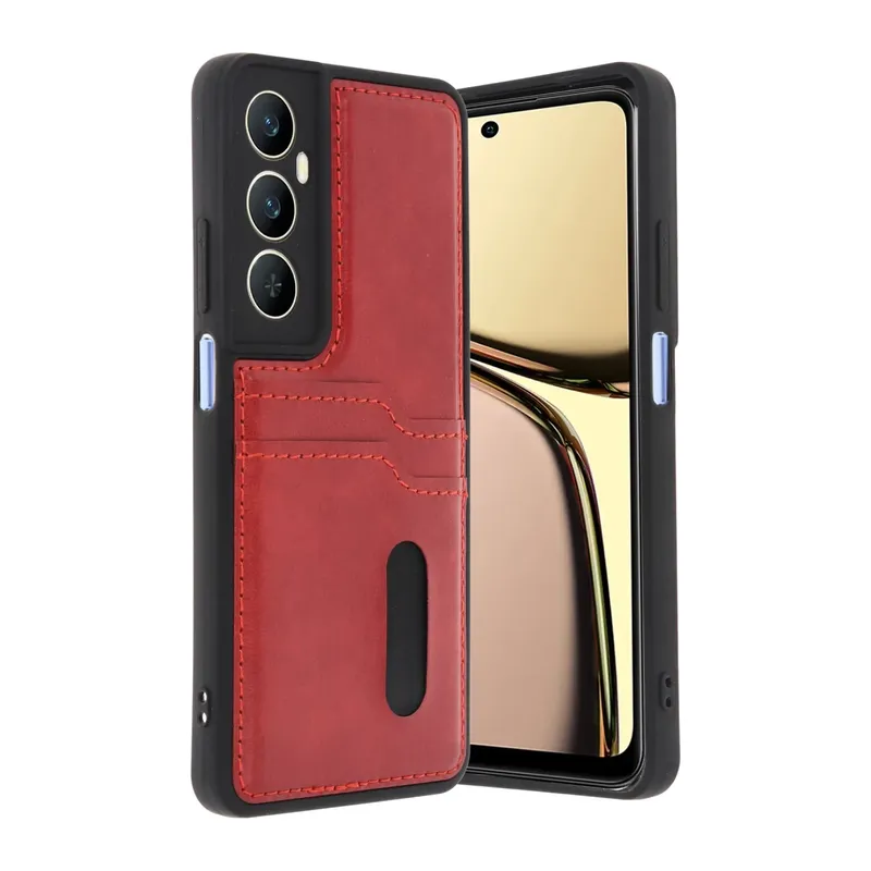 Realme C65 Uyumlu Sara Kartvizitli Deri Kılıf - Kırmızı