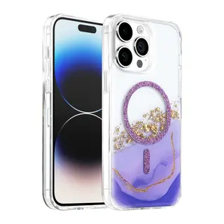 Onegif Apple iPhone 14 Pro Max Uyumlu Lotus Simli Magsafe Kapak - Mor