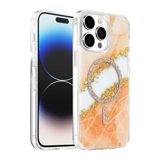 Onegif Apple iPhone 15 Pro Max Uyumlu Lotus Simli Magsafe Kapak - Turuncu