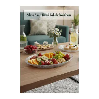 Silver Simli Büyük Kayık Tabak Sunum & Servis Tabağı - 26,5 x 39,5 cm