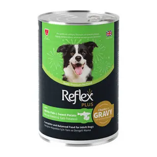 Sos İçinde Et Parçacıklı Beyaz Balıklı Ve Tatlı Patatesli Yetişkin Köpek Konservesi 400 Gr