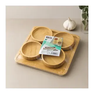 Bambu Tepsili 4'lü Çerezlik Lokumluk Kase Seti - 22x22 cm